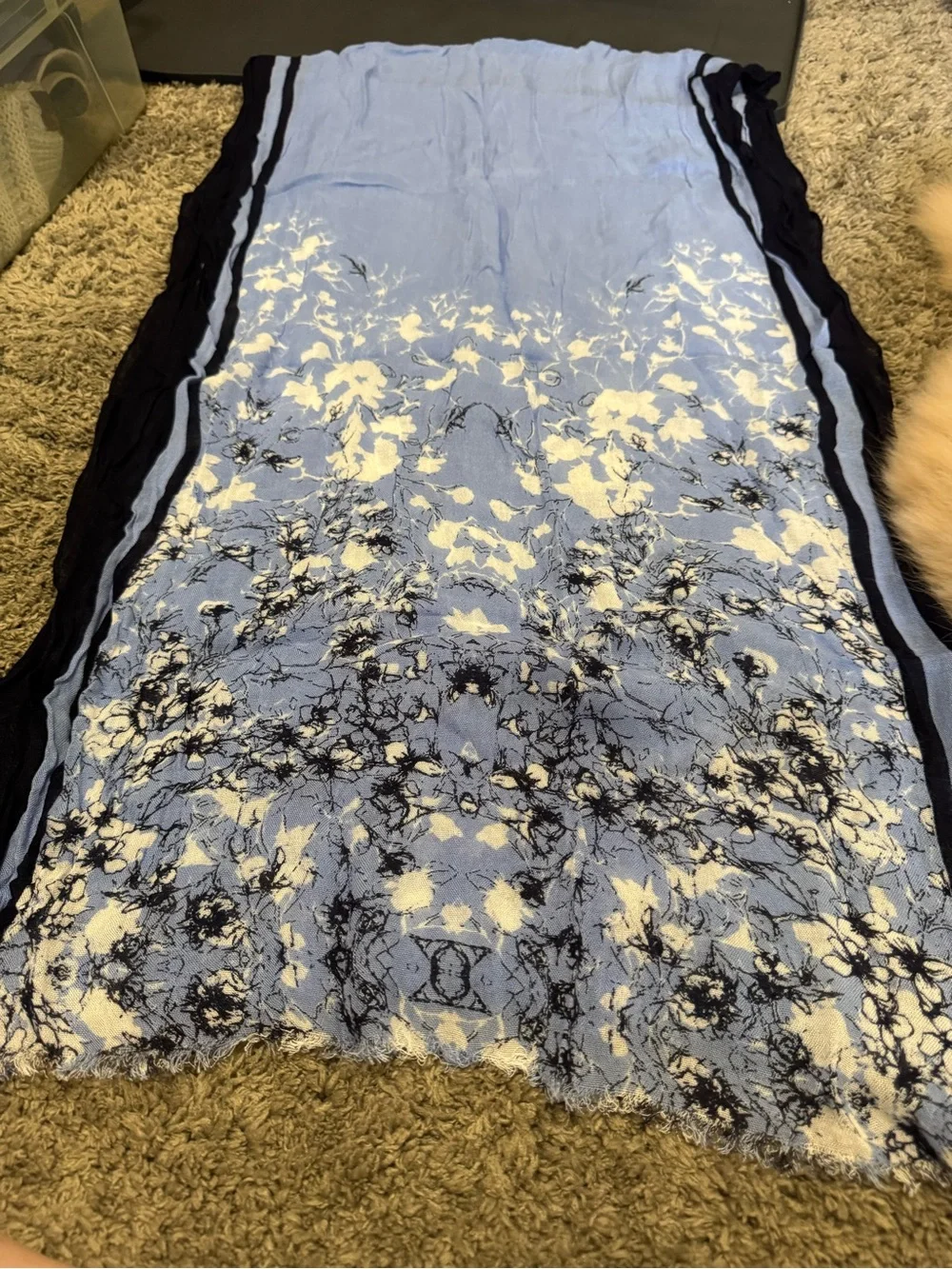 Talbots Blue Floral Oblong Scarf 100% Viscose Frayed Edge Layering Shawl